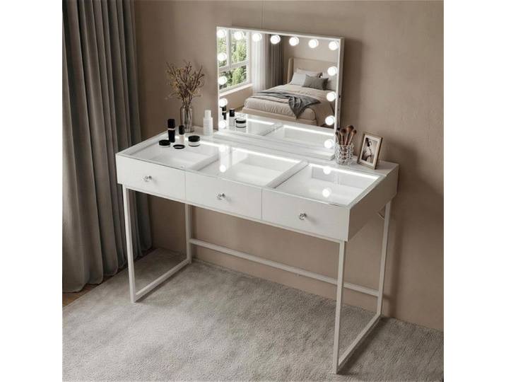 FENCHILIN Coiffeuse avec Miroir LED Bluetooth 3 Tiroirs Blanc 130 x 55 x 127 cm