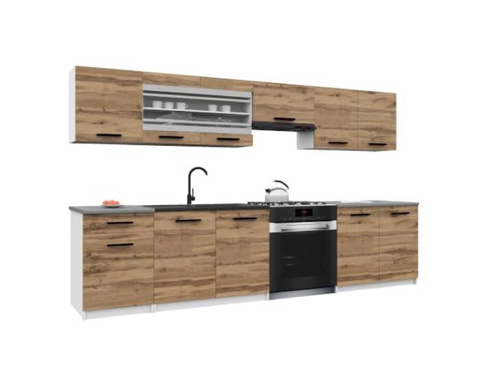 Belini Italia 4 Küchenzeile Küchenblock 260cm Goldbraun Küchenset als gerade Küchenzeile, weiße Korpusse, DECOR ECONATURA Material, kratzfest, ohne Elektrogeräte, mit Arbeitsplatte