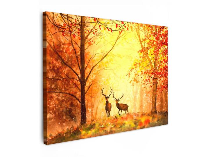 MuchoWow Leinwandbild - Natur - Ölfarbe - Hirsche - Tiere - Herbst - Orange - 80x60 - Malerei, Textil, Kiefer, Abstrakt, Rechteckig, 80x60 cm, gerahmt, Bilder & Rahmen, Bilder, Wandbilder