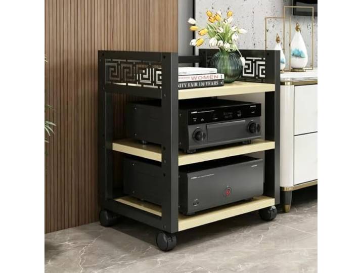 Mehrstufiger AV-Medienschrank, fahrbares Stereo-Regal für Audioanlagen 4-stufig verstellbare Böden, stabiler Holz-Metall-Aufbau, leichtlaufende Rollen(White Maple,19.7x15.7x26.8in)