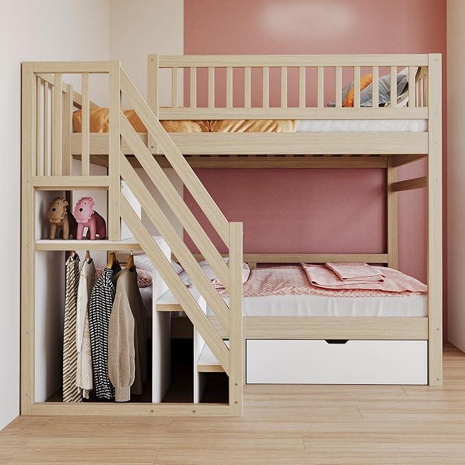 Hochbett 90x200 cm mit Treppe, Stauraumschränken und Schublade, Etagenbett aus Massivholz mit hohem Geländer für Kinder, ohne Matratze, Holzfarbe