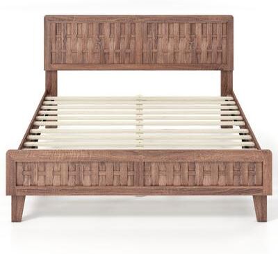 Costway Mid Century Queen Size Bed Frame with Woven Accent Headboard-Natural
