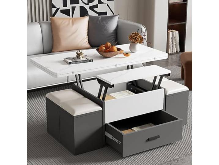 Klappbarer Couchtisch Höhenverstellbar mit Sintersteinplatte und Hocker Multifunktionales Design, Verstellbare Höhe, Mobile Nutzung, Platzsparend, Wohnzimmer, Apartment, Kleine Räume, Home Office