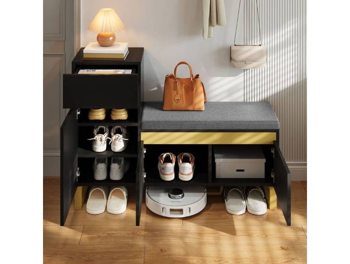 ELVORIN meuble à chaussures 120 x 35 x 85 cm banc d entrée avec coussin tiroir et portes noir