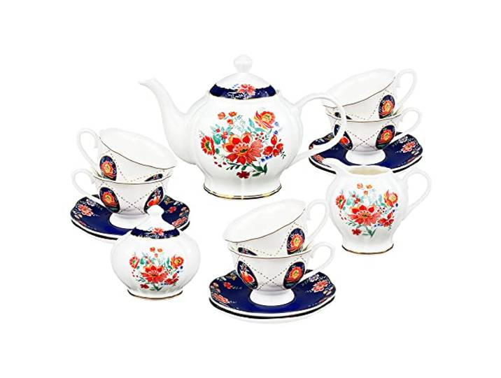 fanquare 21-Teilig Porzellan Nachmittags Teeservice, Rotes Blumen Kaffeeservice für 6 Personen, mit Teekanne, Zuckerschüssel, Milchkännchen und Teelöffel