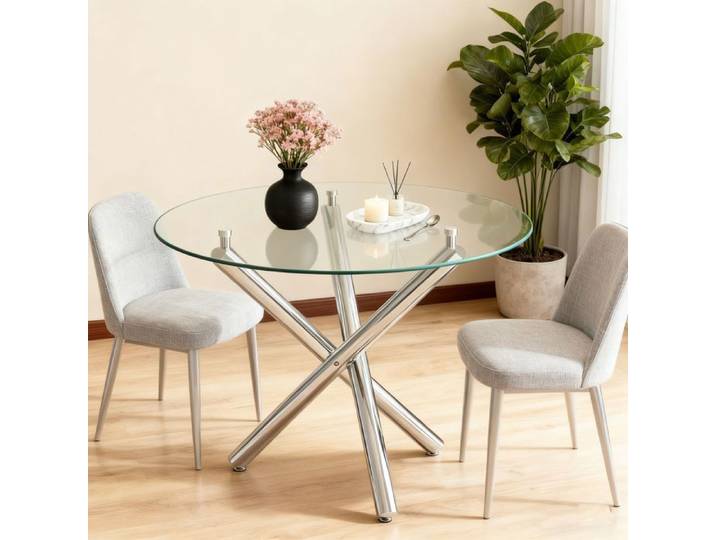 Table à manger ronde avec plaque en verre trempé et pieds métalliques table de café table à manger minimaliste moderne 80 × 80 ×