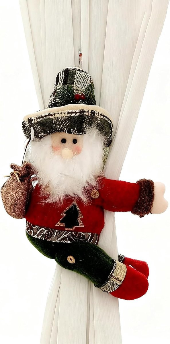 Kerstman Hoge Hoed Gordijnhouder van Pluche met Cadeauzak voor Kerstdecoratie, 29 cm