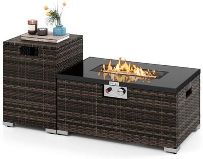 Costway 2-Piece Outdoor Rattan Fire Table Set 32 Inch Rectangle Gas Firepit with Tank Cover-Brown