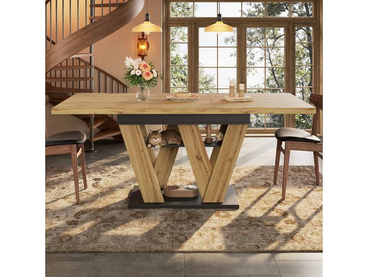 Table à manger télescopique (119-158,5 × 80cm), table de cuisine, table extractible, pour salon, table à manger en bois avec pieds en forme de W