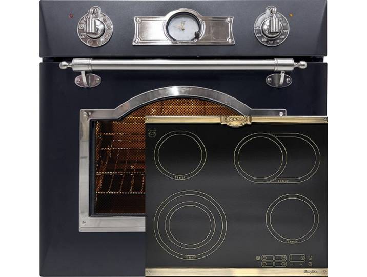 Kaiser Küchengeräte Backofen-Set Herd Set Autark Elektro Backofen, Selbstreinigung, Drehspieß, 8 Funktionen mit Glaskeramik Kochfeld 60 cm Einbau Herd 4 QuickHeat-Kochzonen Hi-Light Schwarz EH 6355 Em Sil+KCT 6185 Em., mit 1-fach-Teleskopauszug