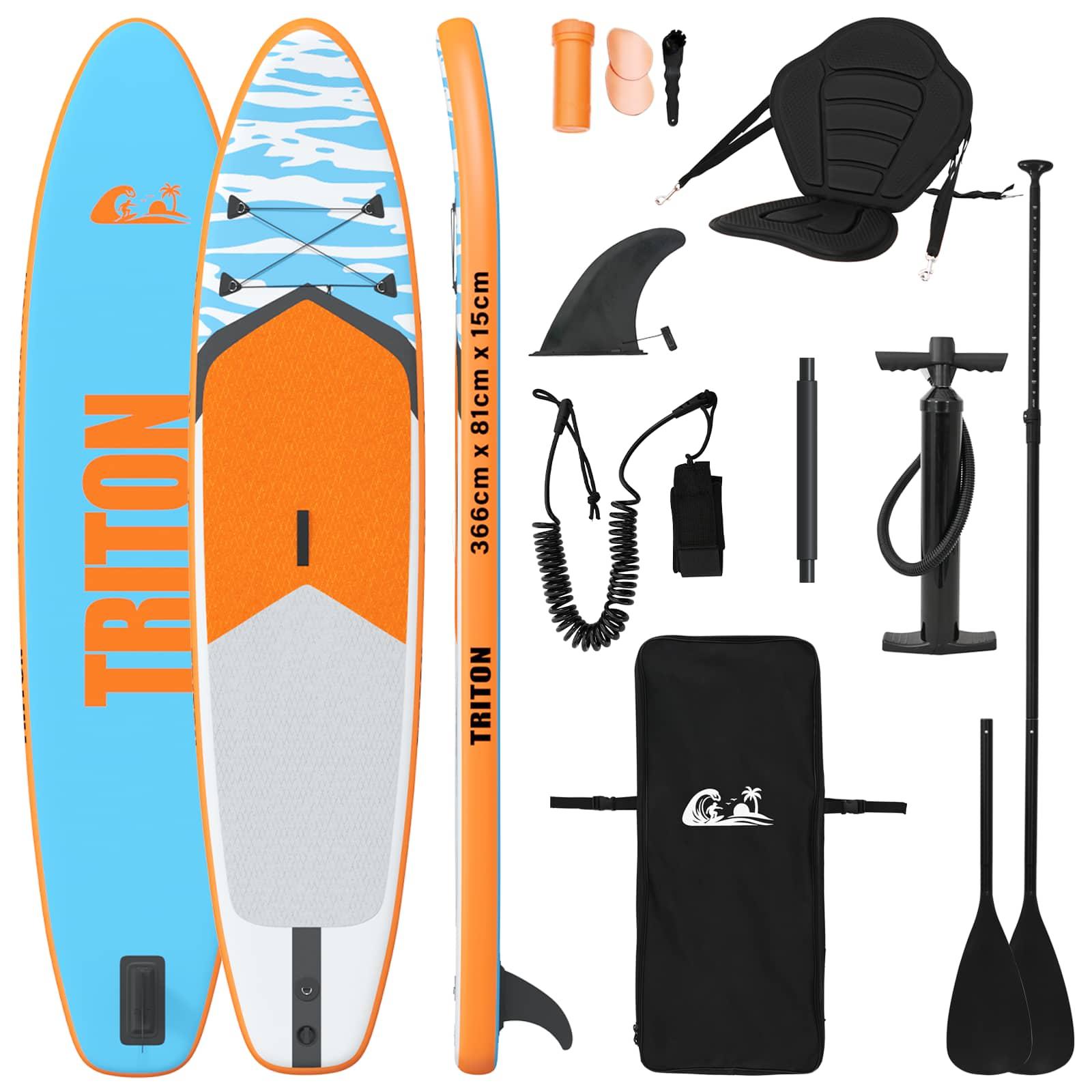 SUP-Stand-Up-Paddling-Board mit Sitz, 2-in-1, Modell TRITON, 366 x 81 x 15 cm, blau, für