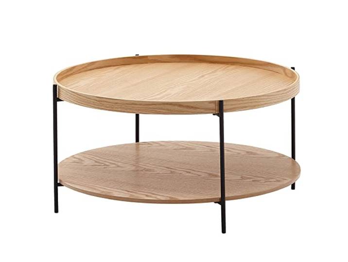 WOHNLING Couchtisch Rund 78x78x40 cm Holz Metall Eiche-Dekor mit Ablage Wohnzimmertisch mit Zwischenboden für Zeitungen und Snacks, Sofatisch modern, Stubentisch Braun, Kaffeetisch praktisch