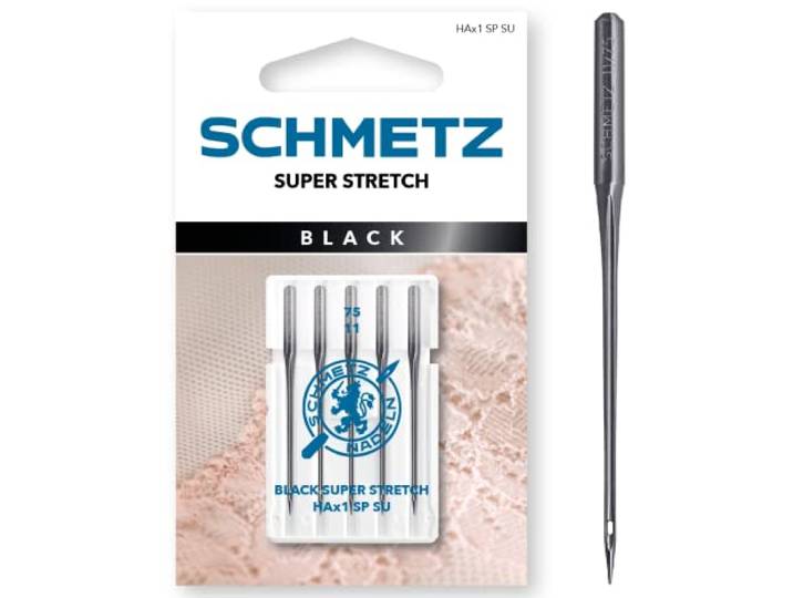 SCHMETZ Naaimachinenaalden 5 Black Super Stretch naalden HAx1 SP SU naalddikte 75/11 met anti-aanbaklaag voor zachte verwerking van gevoelige zeer elastische stoffen