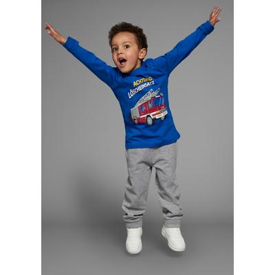 Langarmshirt KIDSWORLD "Mit Feuerwehr-Druck: ACHTUNG LÖSCHEINSATZ", Jungen, Gr. 128/134, blau (royalblau), Single Jersey, Obermaterial: 100% Baumwolle, bedruckt, Basic, Rundhals, Shirts Langarmshirt, Langarm, Basic-Passform, bedruckt,...