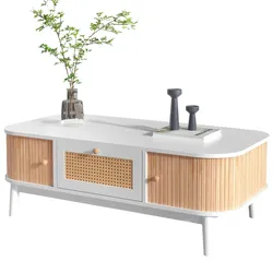 Couchtisch Rattan mit Massivholztüren und Schubladen 110x55x39 cm in Weiß – Stauraum, handgefertigte Details, natürliche Eleganz
