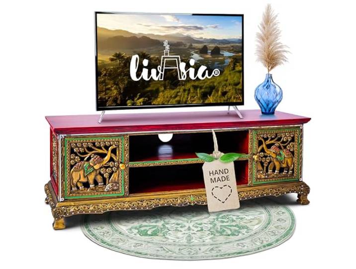 livasia Asiatisches Lowboard aus Massivholz mit Glasmosaik – 130x45x50cm – Handgeschnitzter TV-Schrank in edler Optik aus Akazienholz, hochwertig und nachhaltig hergestellt in Thailand