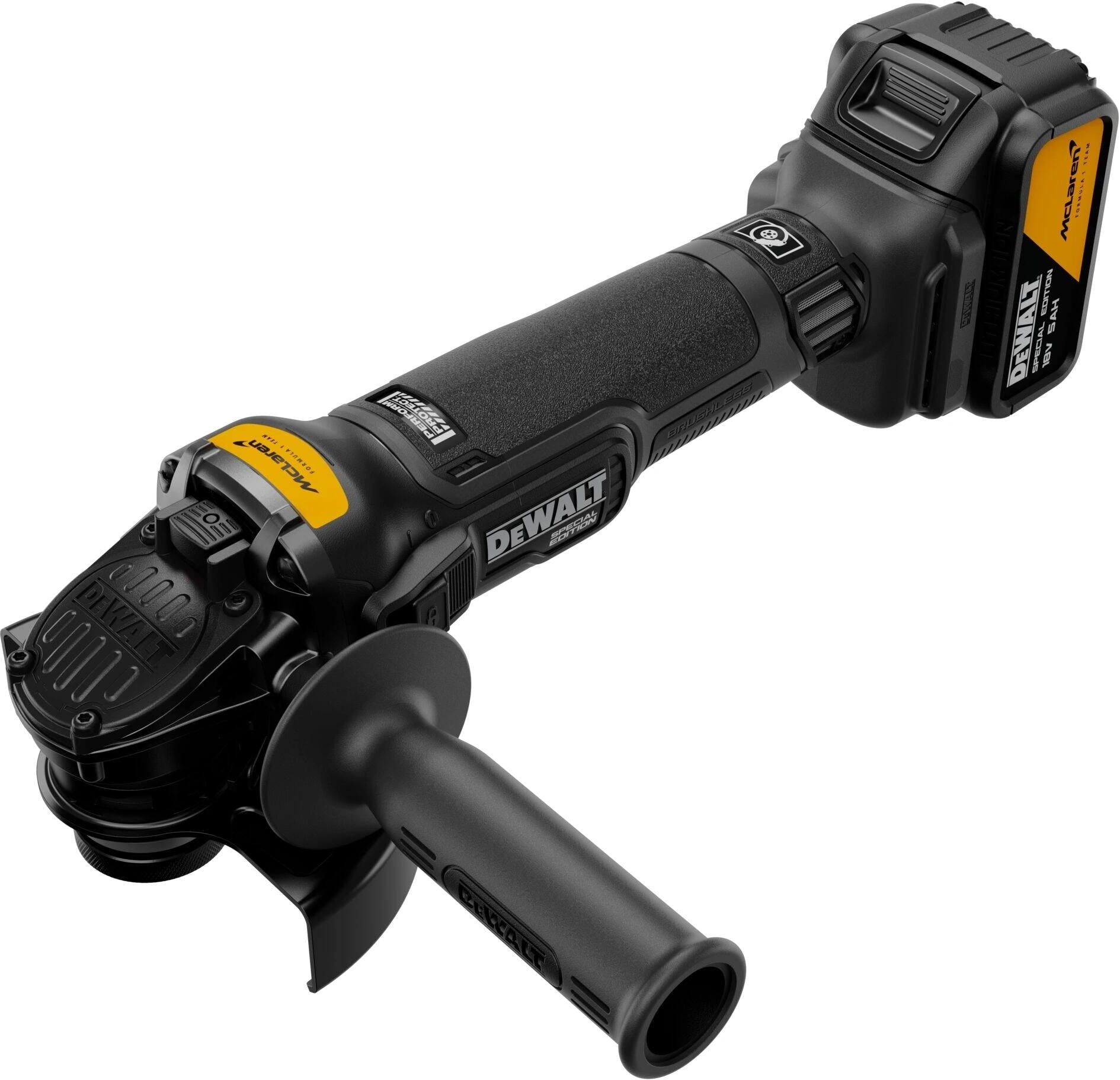 Akku-Winkelschleifer DEWALT "McLaren F1 Team 18 V XR Brushless 125 mm", schwarz (bunt), Schleifmaschinen, Akku-Winkelschleifer bunt Einheitsgröße