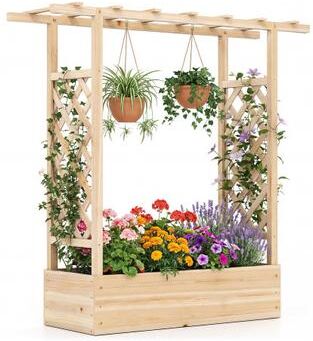 Costway 45 inch Tall Wooden Raised Garden Bed with Side Trellis and Hanging Roof-Natural