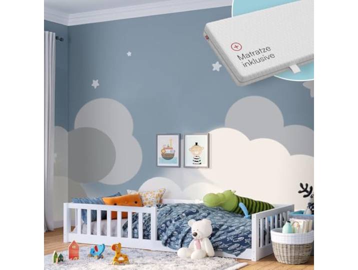 Bellabino Vere Bodenbett 80x160 cm, Massivholz Kiefer, mit Matratze, Weiß Montessori Kinderbett mit Rausfallschutz & Lattenrost, Massivholzbett für Jungen & Mädchen aus Holz Kiefer, Kleinkindbett