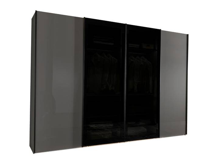 Novel Schwebetürenschrank, Dunkelgrau, Lavagrau, Glas, Holzwerkstoff, 8 Fächer, 330x236x67 cm, Goldenes M, Made in Germany, DIN EN ISO 9001, umfangreiches Zubehör erhältlich, in verschiedenen Holzdekoren erhältlich, Türenfelder nicht untereinander austauschbar, Beimöbel erhältlich, In verschiedenen Grössen erhältlich, Schlafzimmer, Komplette Schlafzimmer und Serien, Schlafzimmerserie