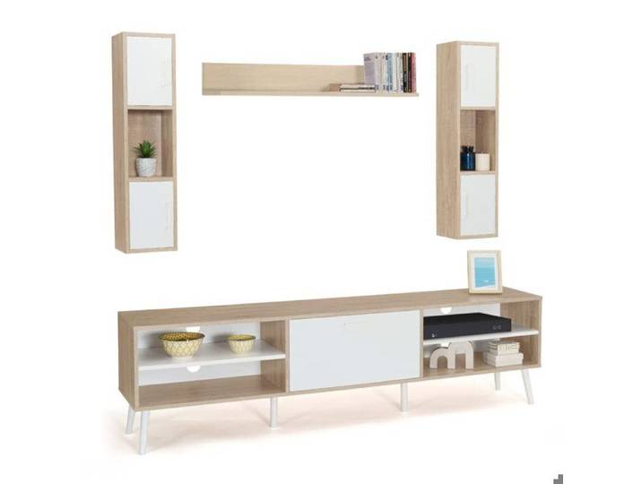 Ensemble Meuble TV Avec Armoire + Etagères + Tiroirs Bois + Blanc Style Scandinave Salon