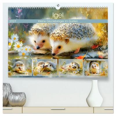 Igel. Kleine Glücksbringer im Garten (hochwertiger Premium Wandkalender 2027 DIN A2 quer), Kunstdruck in Hochglanz