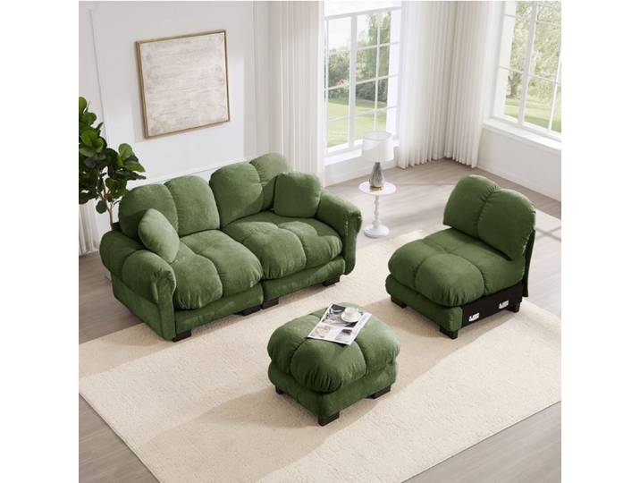 ROVRYN Canape d'angle modulable 3 places en chenille verte avec ottomane mobile et 2 coussins decoratifs