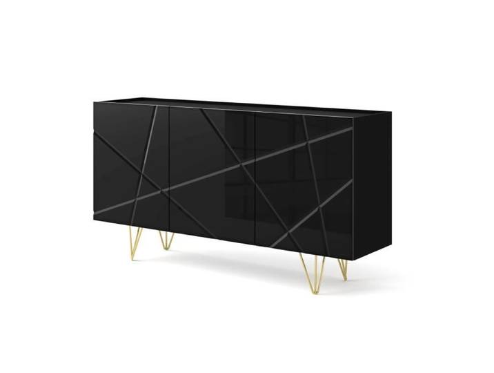 Commode SPACE 160 cm Buffet 3D fraisé noir brillant