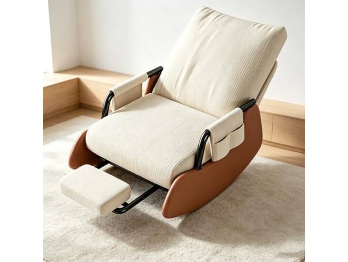 LCNDKF Relaxsessel mit Hocker - mit Gepolsterten Armlehnen Ergonomischer Schaukelstuhl mit ausziehbarer Fußstütze und Seitentasche für tägliche Entspannung.