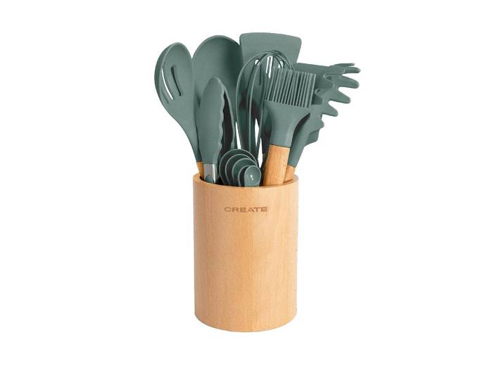 Kochbesteck-Set Create Küchenutensilien Set , grün (salbeigrün), Buchenholz, Silikon, Kochbesteck-Sets, Kochbesteck-Set, Küchenutensilien aus Silikon und Holz