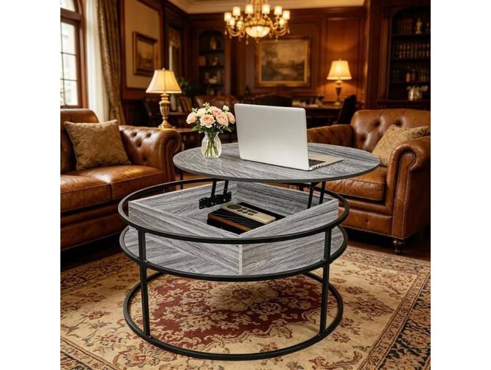 Table Basse Relevable Ronde 2 en 1 VIVOLILV Grise Effet Marbre avec Rangement Caché Table Basse 60cm Multifonctionnelle pour Salon