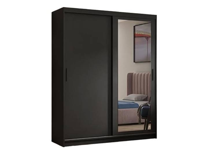 Margaret Hadas24 Kleiderschrank Henry mit Spiegel, Organizer, Mehrzweckschrank, Schwebetürenschrank, Garderobenschrank, Kleiderstange, Schrank, Schwebetürenschrank (schwarz, 160 cm)