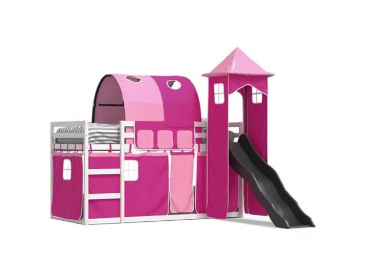 Makastle Kinderhochbett mit Rutsche und Vorhängen Rosa 90x200 cm Massives Kiefernholz