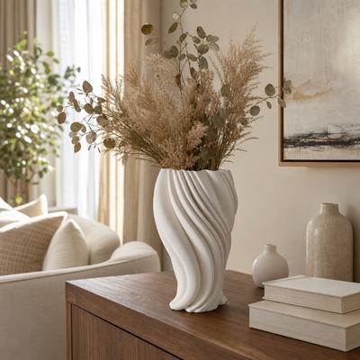 Sagebrook Home Decorative Vase - Ivory Porcelain Cylinder 3D Waveform,13 in