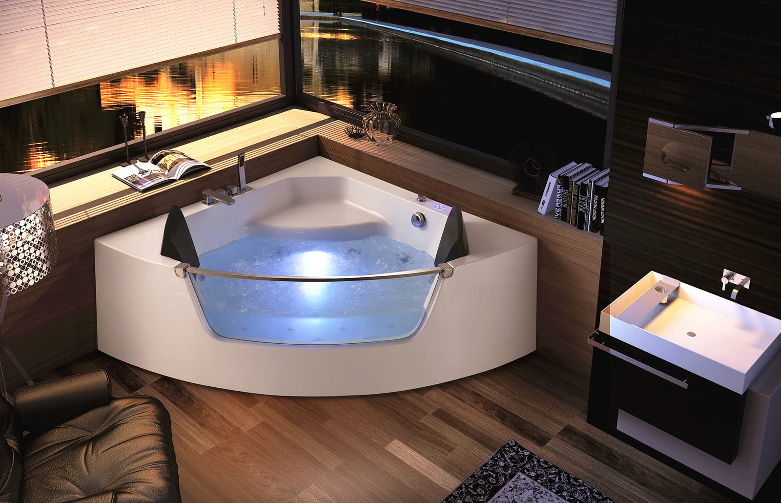 Whirlpool hoekbad met LED-verlichting en glaselementen