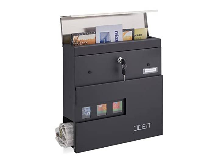 Relaxdays Boîte aux Lettres avec Porte-journaux\, fenêtres de visualisation\, 2 clés\, Acier\, HLP 37x37x11 cm\, Noire