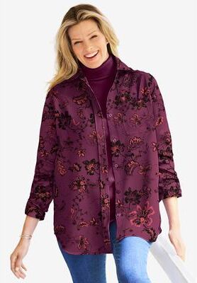 Plus Size Women's Soft Faux Suede Shirt by Woman Within in Deep Claret Sketched Folk (Size 1X) Button Down Shirt