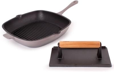 "BergHOFF Neo 2pc Cast Iron 11"" Grill Pan with Steak Press, Oyster"