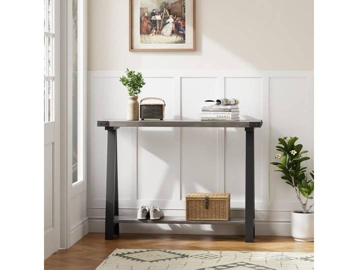 Table Console étroite Console Meuble 2 Niveaux Style Ferme Étagère de Rangement Ouverte pour Salon entrée derrière canapé Gris