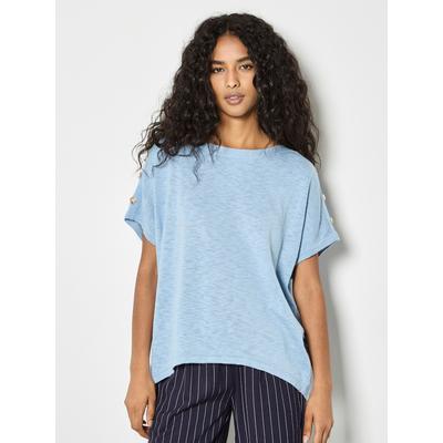 Stricktop APRICOT "Strick-T-Shirt", Damen, Gr. S (36), blau, Strick, Obermaterial: 60% Baumwolle CO. 40% Viskose CV., Normale Länge, U-Boot-Ausschnitt, Tops Stricktop, mit dekorativen Knöpfen