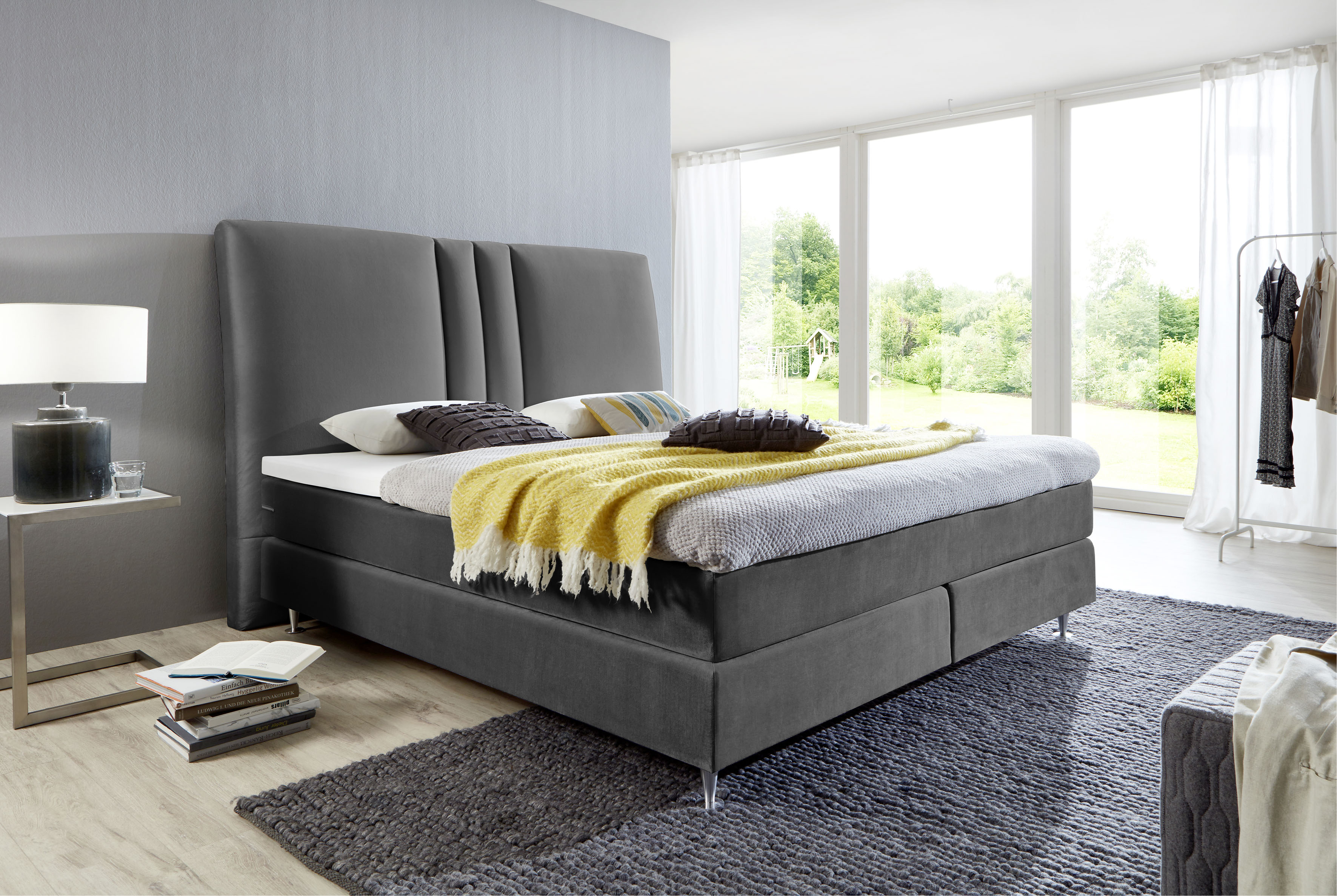 ATLANTIC home collection "Rita" mit Topper und hohen Kopfteil dunkelgrau Samtvelours, Liegefläche B/L: 140cm x 200cm, H3, 7-Zonen-Taschen-Federkernmatratze