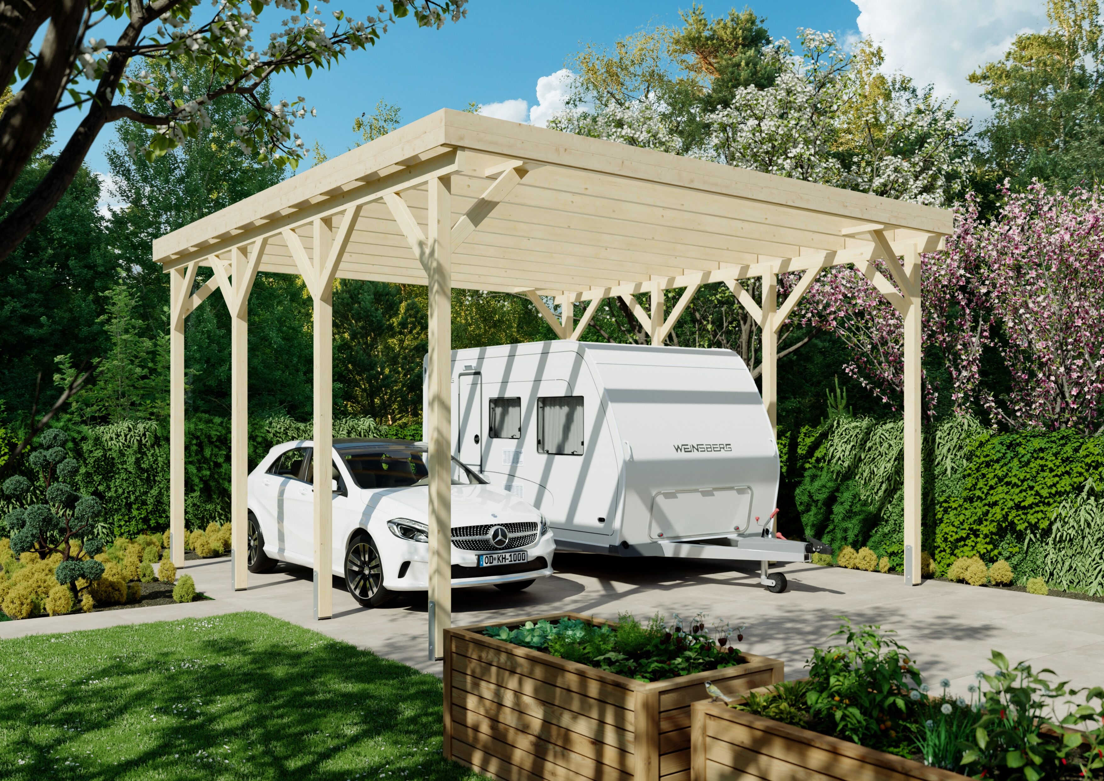 Doppelcarport KONIFERA "Pluto II", beige (unbehandelt), B/H/T: 352cm x, Carports, Doppelcarport, für Wohnmobile, Leimholz naturbelassen, PET-Flachdach lichtdurchlässig