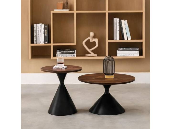Tables basses duo noyer et noir profond – Design conique empilables salon et chambre