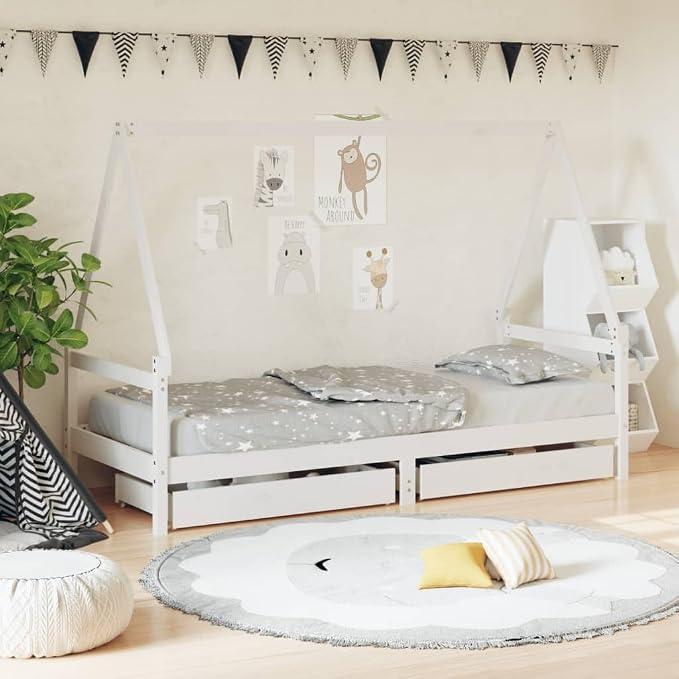 Kinderbett mit Schubladen Weiß 90x200 cm Massivholz Kiefer Lattenrost Stauraum Kinderzimmer Schlafplatz mit Rausfallschutz und umbaubares Bettgestell