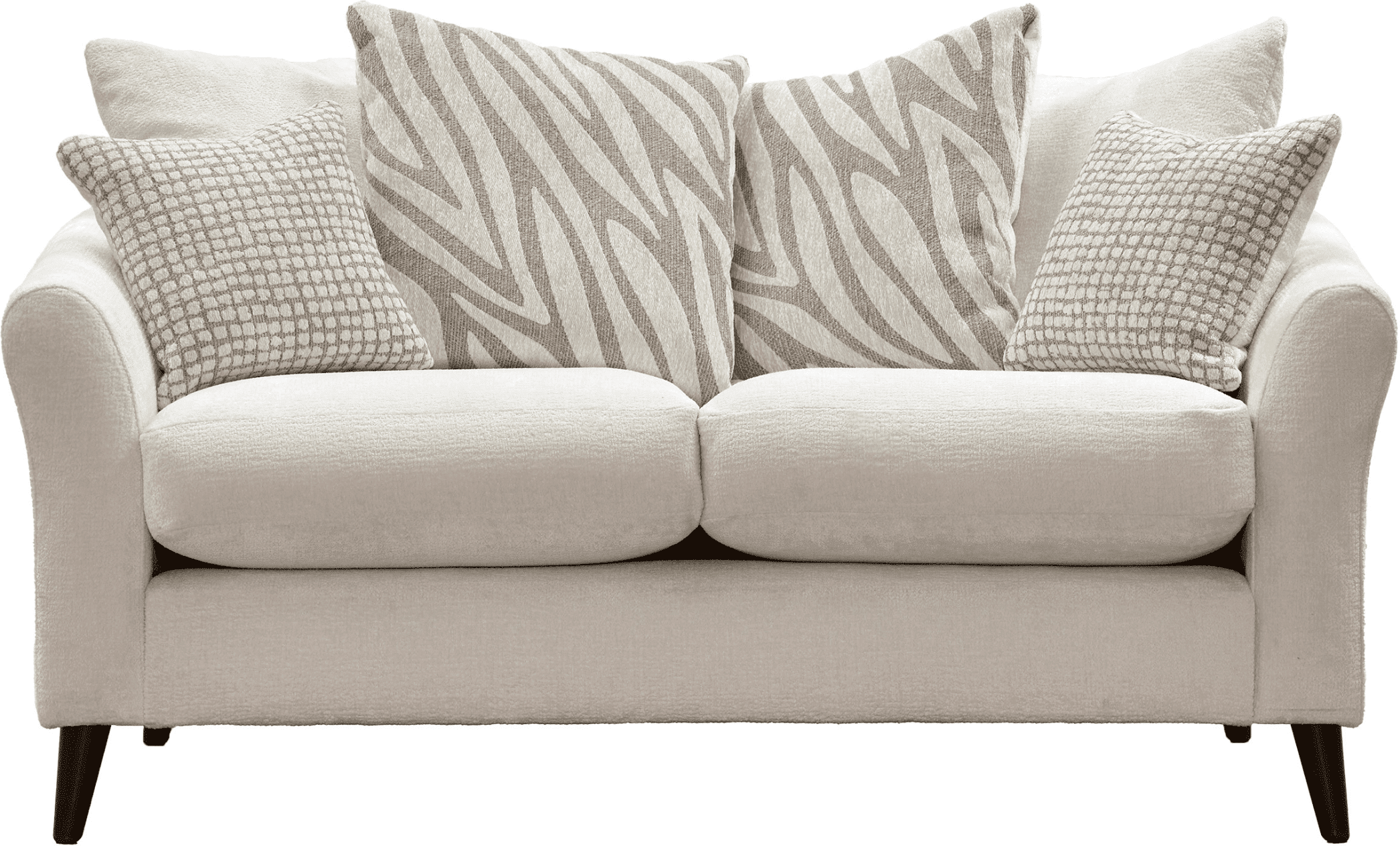Zelda Cream Textured Chenille Pillow Back 2 Seater Sofa with Patterned Accent Cushions