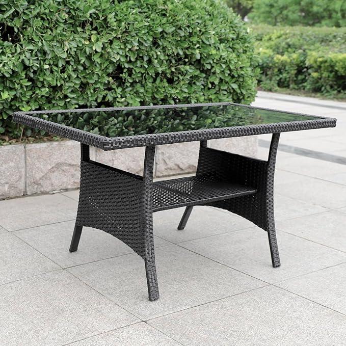 Polyrattan Gartentisch 120x70x68cm mit Ablage Glas Tischplatte Wetterfest Garten Terrasse Balkon Tisch Esstisch Gartenmöbel (Schwarz)