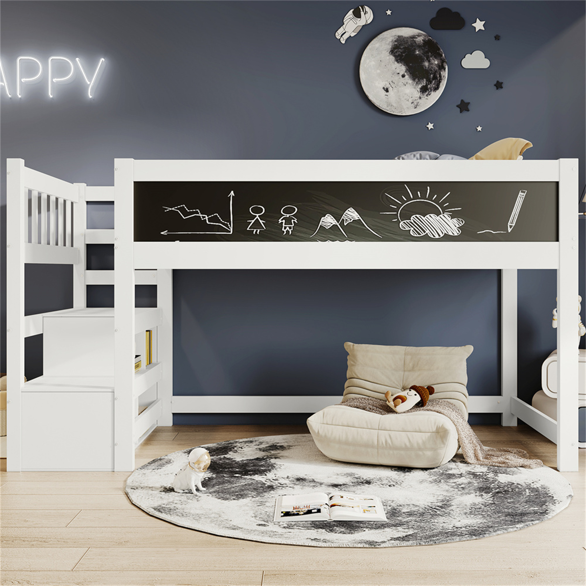Etagenbett Kinderbett Hochbett mit Whiteboard&Tafel,Speicherung und Rausfallschutz 90 x 200 cm, Weiss Hochbett für Kinder- Lattenrost