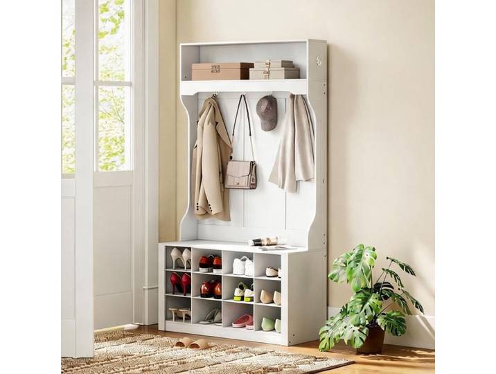 Porte-manteau blanc avec banc et 12 compartiments – Entrée organisée style ferme