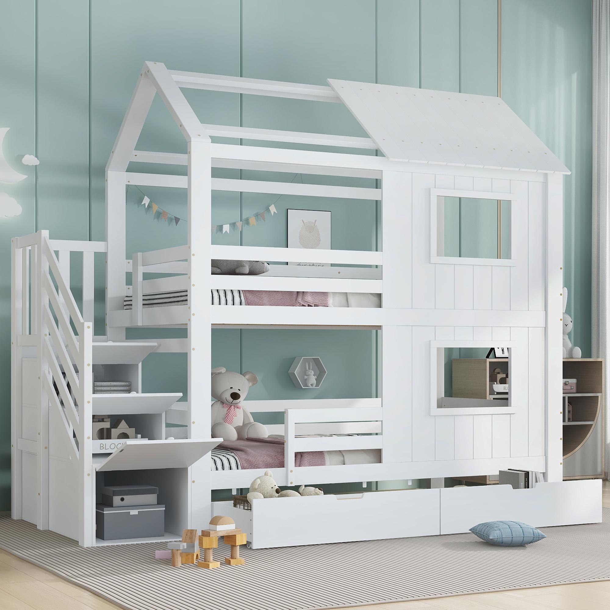 Flieks Etagenbett 90x200cm mit 2 Schubladen, Kinderbett Hausbett mit Fenster und Rausfallschutz, Hochbett Einzelbett 2 Kinder, Weiß
