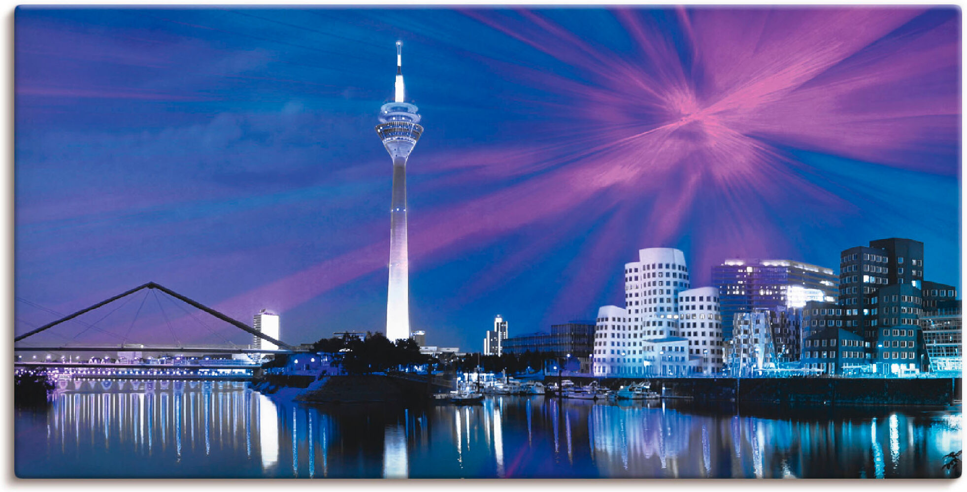 Leinwandbild ARTLAND "Düsseldorf Skyline Abstrakte Collage", blau (farbe bild(er): blau), B:60cm H:30cm, Bilder, Leinwandbild, auf Holzrahmen gespannt farbe bild(er): blau B/H/T: 60cm x 30cm, Leinwandbild Deutschland Querformat, 1 Stk.